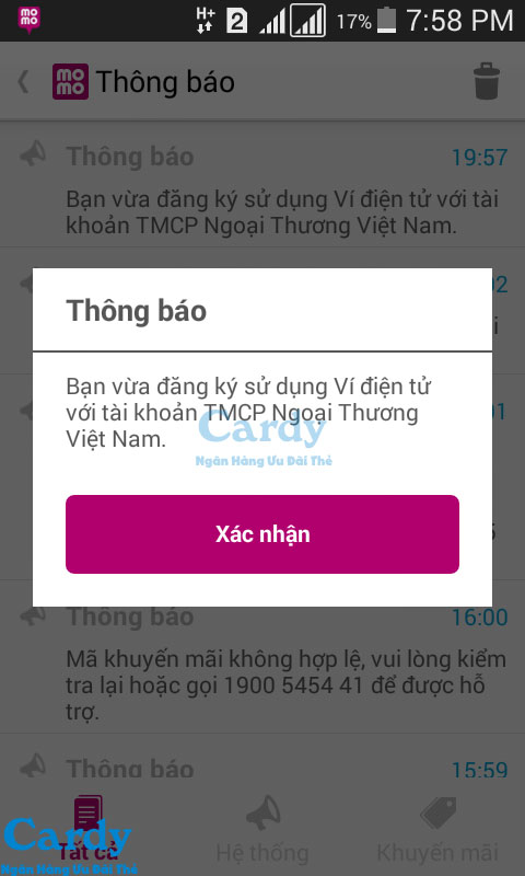 Xác nhận liên kết ví Momo (VCB)