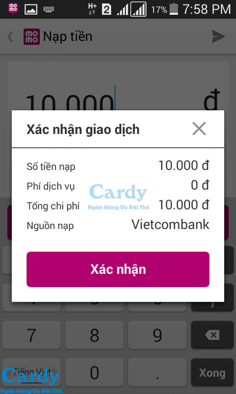 Tiến hành nạp tiền vào ví Momo để nhận khuyến mại